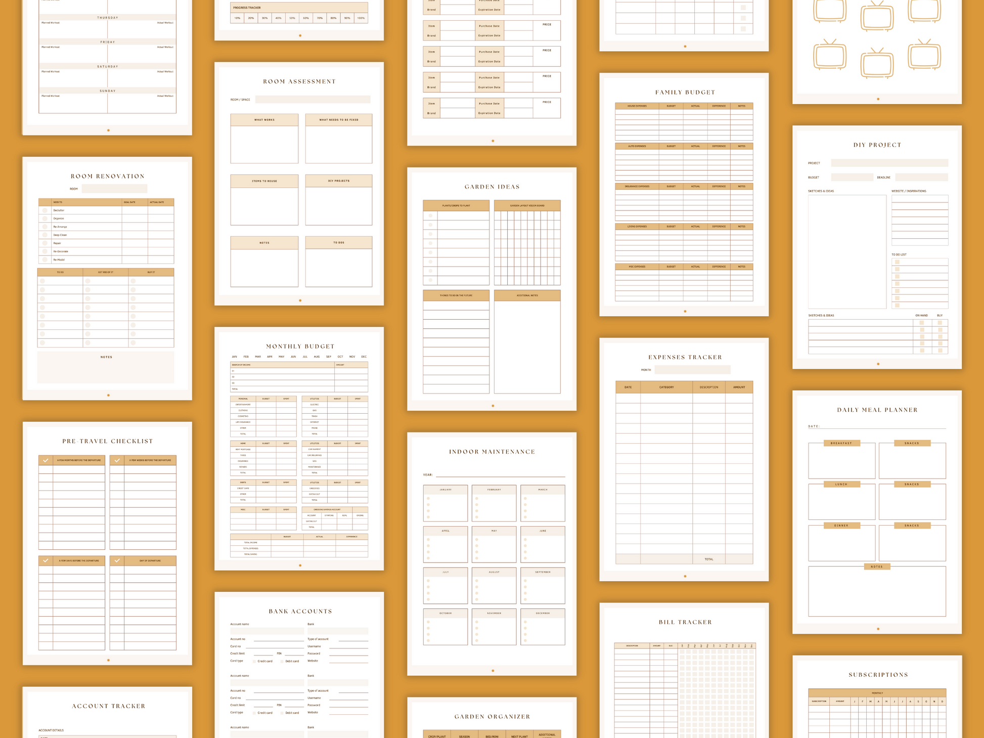 Aesthetic and boho household management done-for-you planner templates which include e.g. room assessment, expenses tracker, daily meal planner and much more for your business.nIt's editable in Canva.