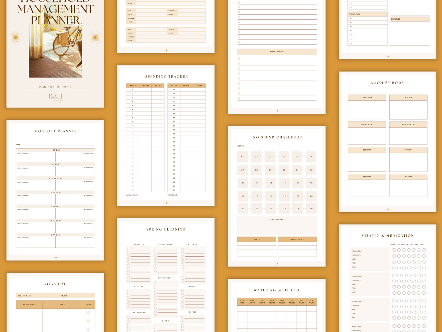 Aesthetic and boho household management planner templates which include e.g. speeding tracker, workout planner, watering schedule and much more. It's editable in Canva