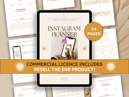 Instagram done-for-you planner editable in Canva with included commercial licence for resell. Tablet mockup in the background with aesthetic and boho Instagram planner templates for your business.