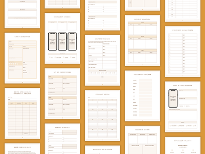 Aesthetic and boho Instagram done-for-you  planner templates which include e.g. Instagram stories planner, reels and video planner, growth tracker, giveaway planner, etc. for content creators and business owners. It's editable in Canva.