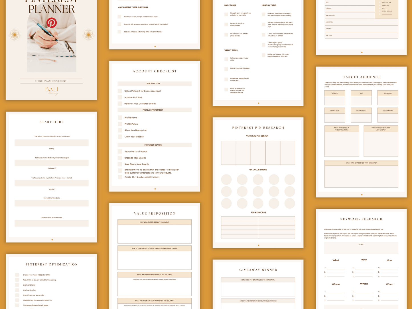 Aesthetic and boho Instagram done-for-you  planner templates which include e.g. account checklist, target audience, keyword research, etc. for your business. It's editable in Canva.