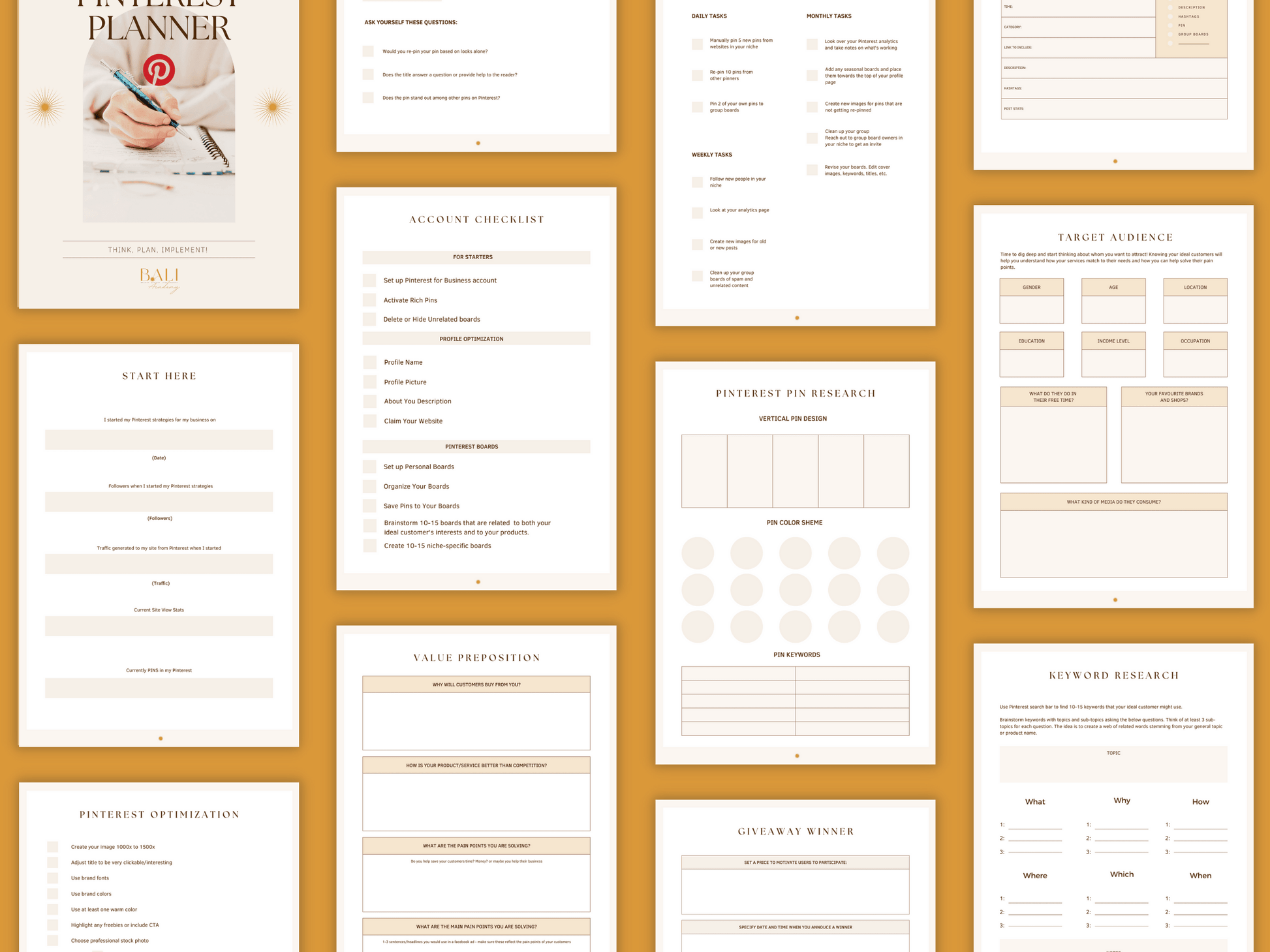 Aesthetic and boho Instagram done-for-you  planner templates which include e.g. account checklist, target audience, keyword research, etc. for your business. It's editable in Canva.