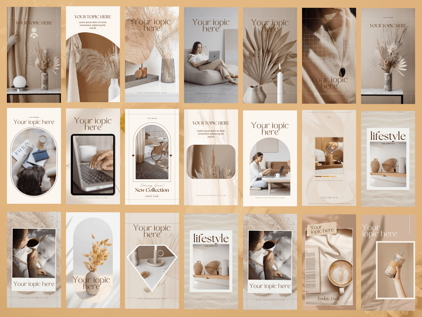 Instagram reel templates editable in Canva with aesthetic font and boho elements. Female entrepreneurs are doing home office and drinking coffee. You can see aesthetic flatlays as well.