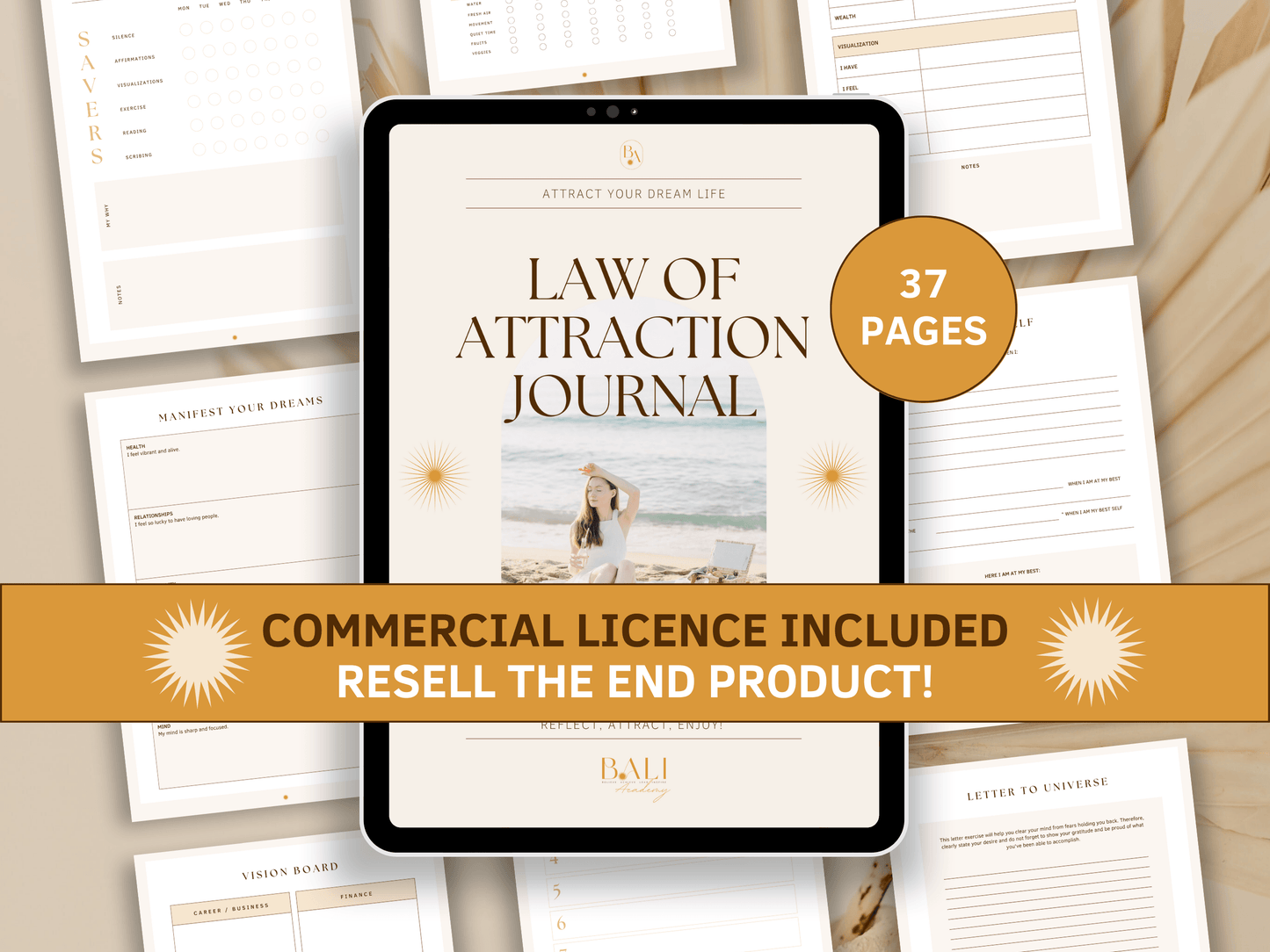 Law of Attraction done-for-you journal with included commercial licence for resell. Tablet mockup with aesthetic and boho Law of Attraction journal templates in the background for your business. It's editable in Canva. 