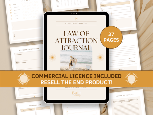 Law of Attraction done-for-you journal with included commercial licence for resell. Tablet mockup with aesthetic and boho Law of Attraction journal templates in the background for your business. It's editable in Canva. 