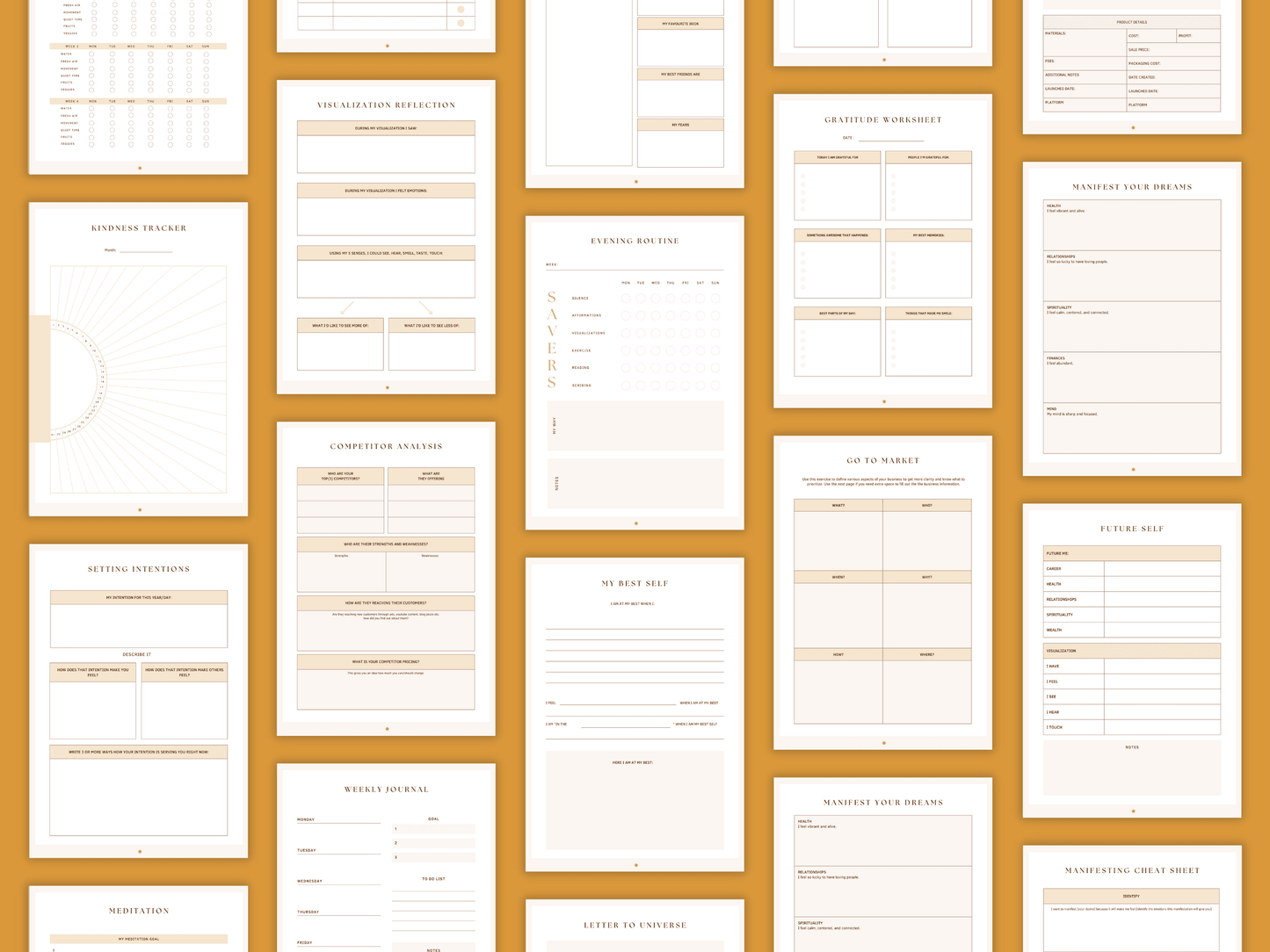 Aesthetic and boho Law of Attraction journal templates which include e.g. competitor analysis, gratitude worksheet, weekly journal and much more for content creators and business owners. It's editable in Canva.