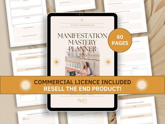 Manifestation mastery journal done-for-you planner with included commercial licence for resell. Tablet mockup and aesthetic and boho manifestation mastery planner templates in the background for content creators and business owners. It's editable in Canva.