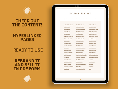 Tablet mockup with a manifestation mastery journal done-for-you planner hyperlinked index template with aesthetic font and boho style for content creators and business owners. It's ready to use and editable in Canva.