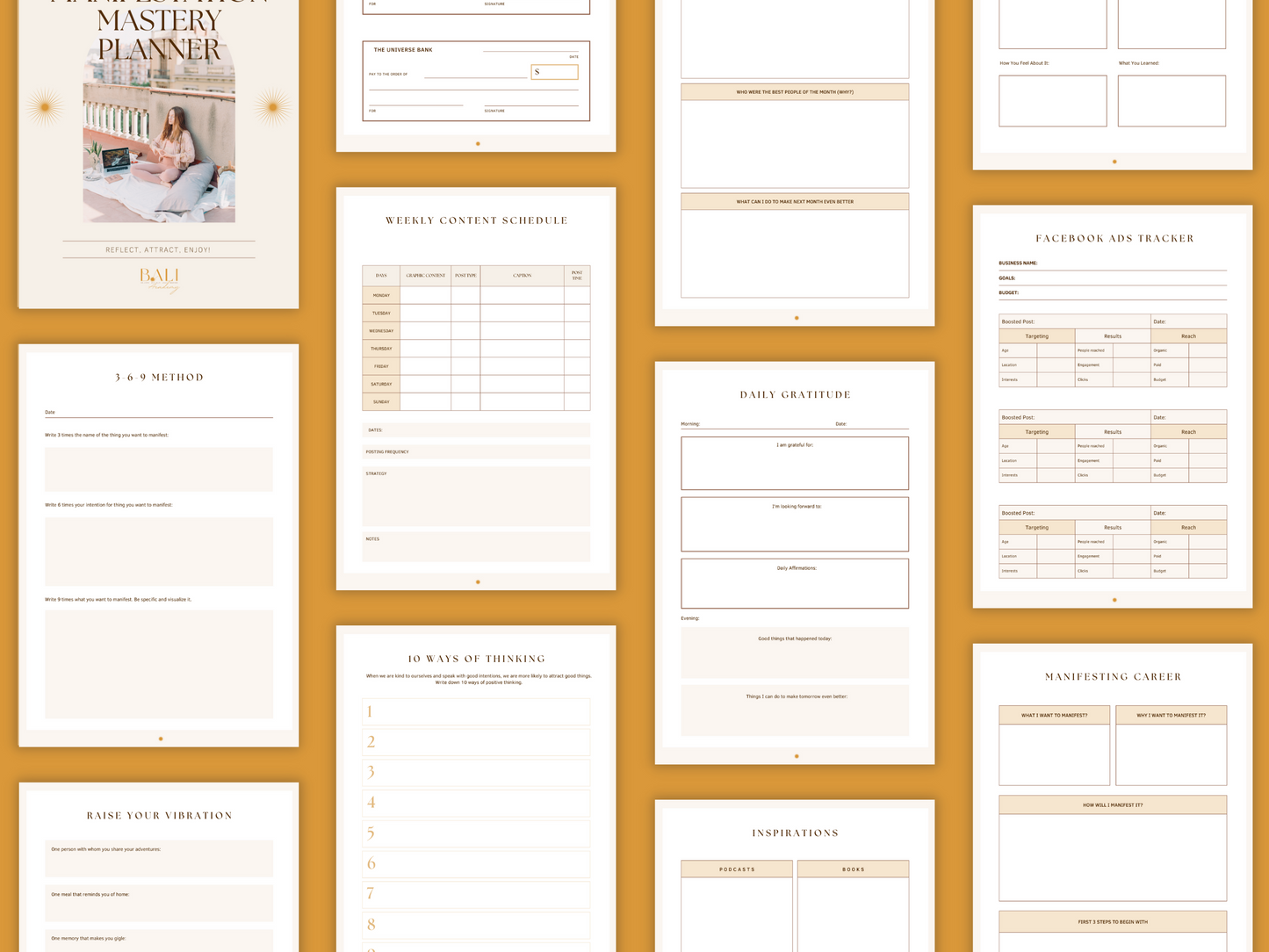 Aesthetic and boho manifestation mastery planner templates which include e.g. weekly content schedule, daily gratitude, inspirations and much more for your business. It's editable in Canva.