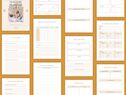 Aesthetic and boho manifestation mastery planner templates which include e.g. weekly content schedule, daily gratitude, inspirations and much more for your business. It's editable in Canva.