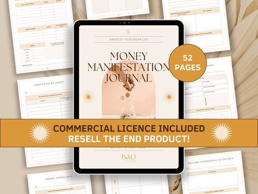 Money manifestation done-for-you journal with included commercial licence for resell. Tablet mockup and boho and aesthetic  money manifestation journal templates in the background for content creators and business owners. It's editable in Canva.