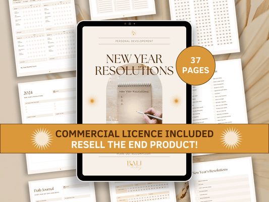 New years resolutions done-for-you tracker with included commercial licence for resell. Tablet mockup and aesthetic and boho new year resulutions tracker templates in the background for content creators and business owners. It's editable in Canva.