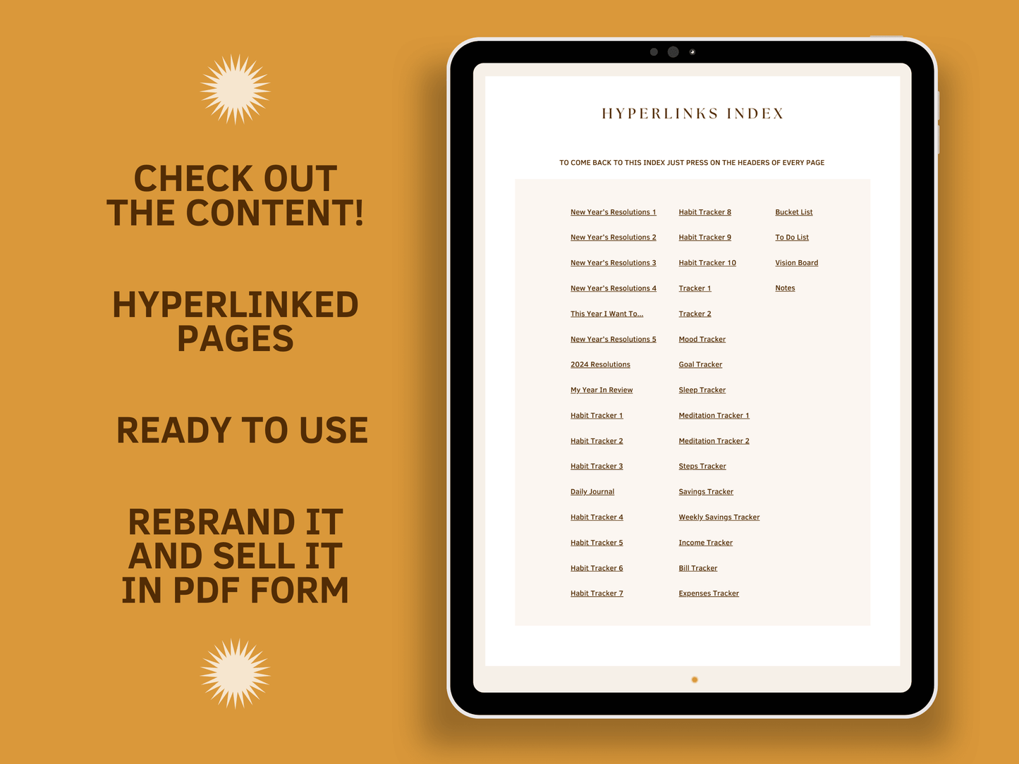 Tablet mockup with a new years resolution tracker hyperlinked index template with aesthetic font and boho style for content creators and business owners. It's ready to use and editable in Canva.