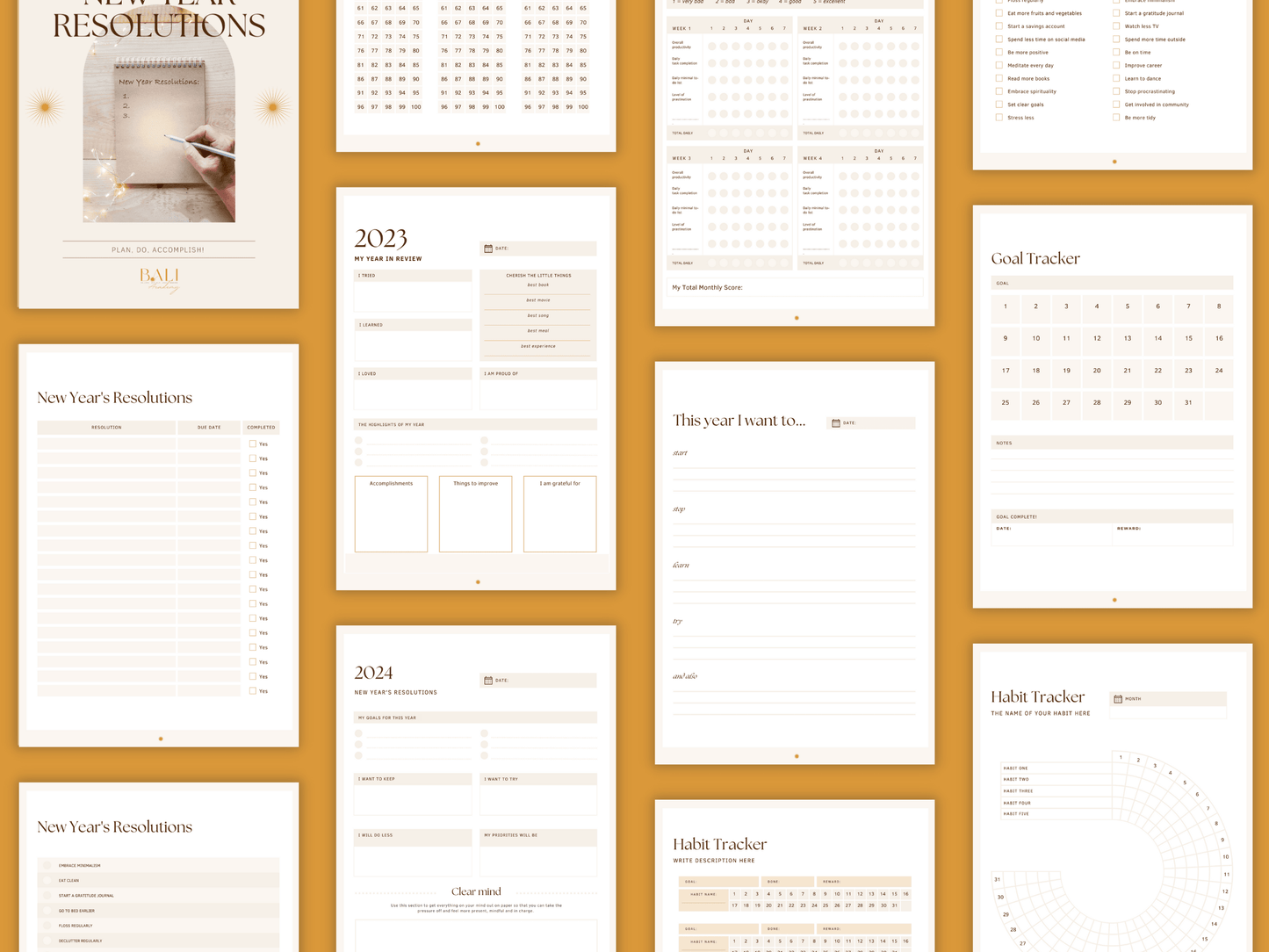 Aesthetic and boho new year resolutions tracker templates which include e.g. goal tracker, habit tracker, new years resolutions and much more for your business. It's editable in Canva.