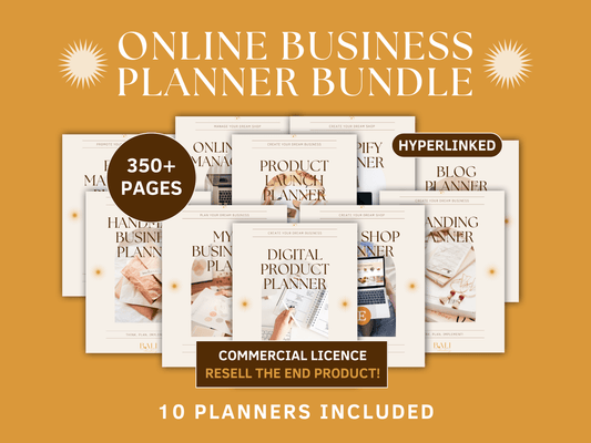 Online business done-for-you planner bundle with included commercial licence for resell. 10 aesthetic and boho planners included e.g. digital product planner, product launch planner, blog planner and more for content creators and business owners. They are editable in Canva. 