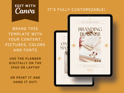 Edit in Canva! The online business planner bundle is fully customizable. Brand the templates with with your content, pictures, colors and fonts. Use the planner digitally on the tablet or laptop or print it and hand it out.