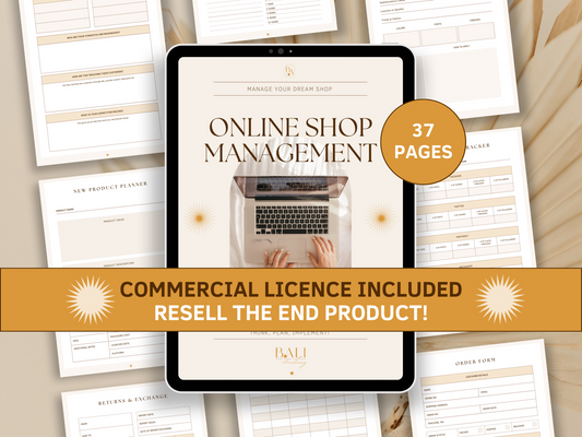 Online shop management done-for-you planner with included commercial licence for resell. Tablet mockup and aesthetic and boho online shop management planner templates i the background for content creators and business owners. It's editable in Canva.