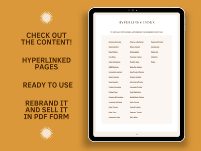 Tablet mockup with an online shop management planner hyperlinked index template with aesthetic font and boho style for content creators and business owners. It's ready to use and editable in Canva.