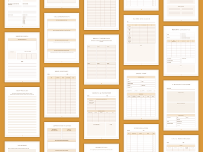 Aesthetic and boho online shop management planner templates which include e.g. shop branding, product keywords, shop inventory and much more for your business. It's editable in Canva.