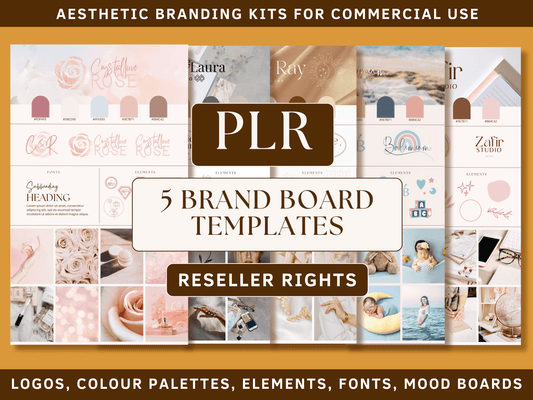 PLR brand board templates kit with logos for resell with private label rights. Aesthetic branding board templates with boho elements for commercial use in the background. It's editable in Canva.