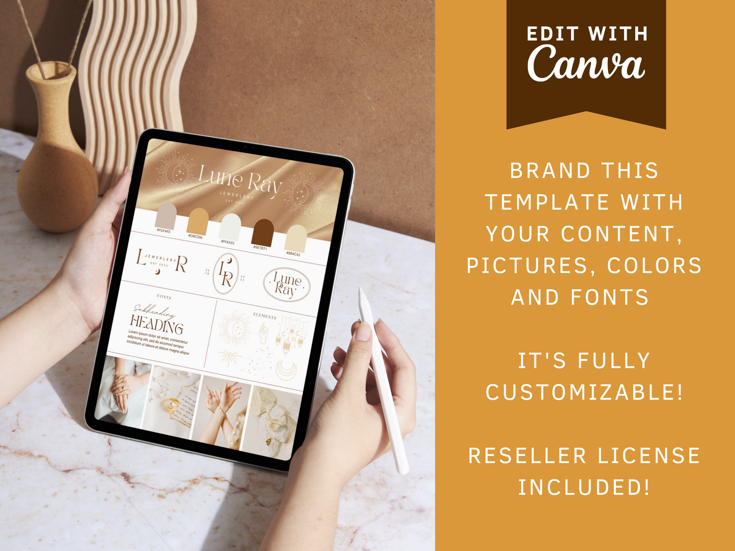 Edit with Canva! You can see a tablet mockup with a PLR brand board template with aesthtetic font and boho elements for your business.