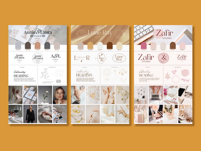 Brand board templates editable in Canva with aesthetic font, boho elements and aesthetic flatlays for content creators and business owners.