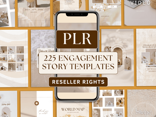 PLR Instagram Story templates editable with Canva for resell with private label rights. Templates for business engagement. Aesthetic and boho style Instagram story templates in the background with phone mockup for content creators and business owners. 