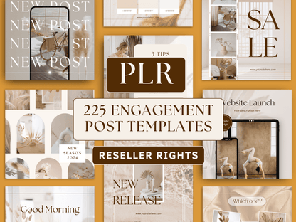 PLR instagram business engagement post templates editable in Canva for resell with private label rights. Esthetician Instagram business engagement post templates with boho style and aesthetic font in the background