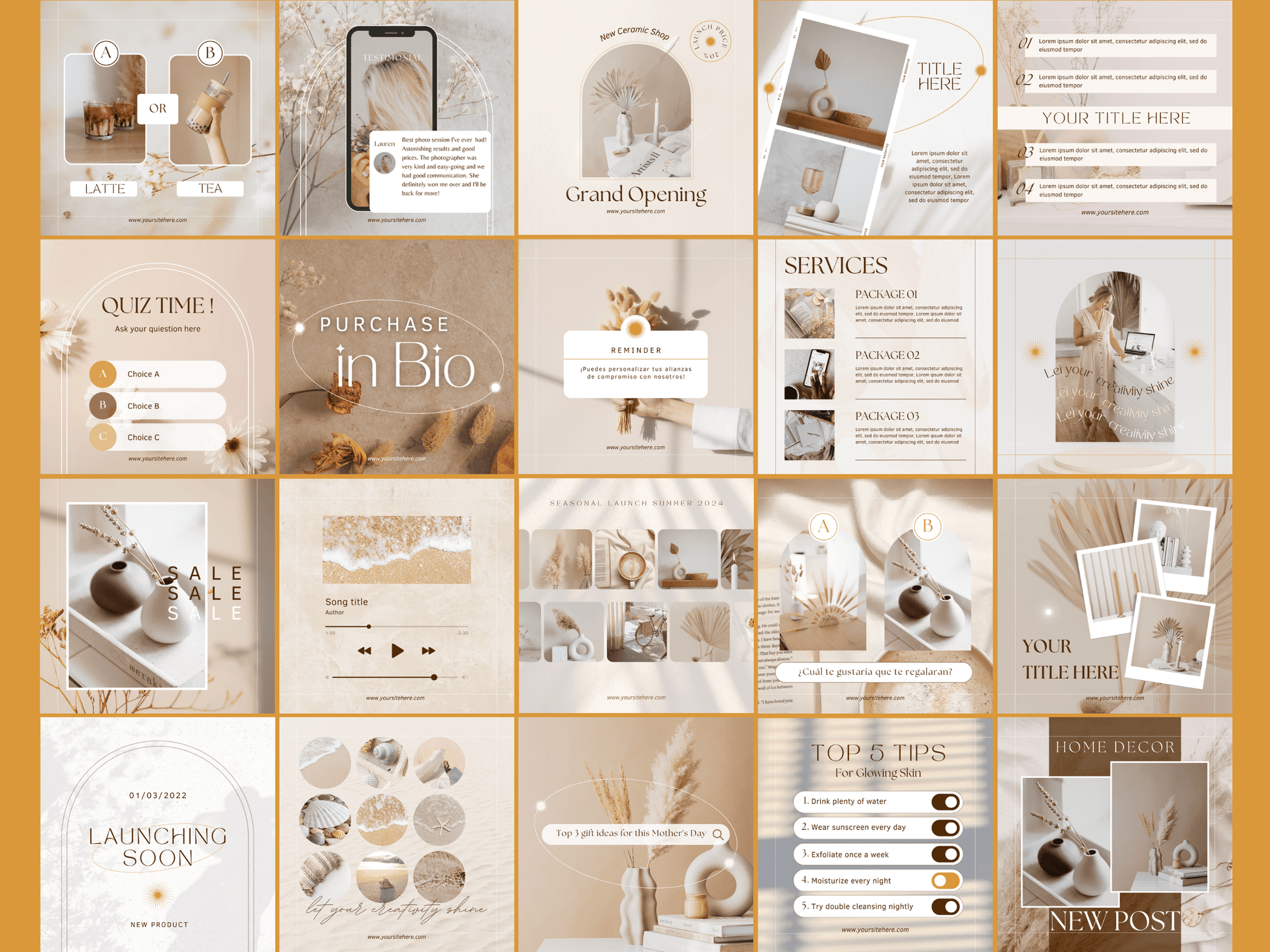 Instagram business engagement post templates with aesthetic font and boho elements. It's editable in Canva. For your business audience engagement. You can see e.g. quizzes, checklists, polls