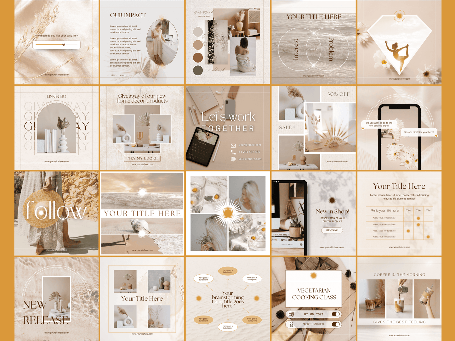 Aesthetic Instagram post templates with aesthetic font and boho elements. It's editable in Canva. For your business audience engagement. You can see e.g. checklists, polls