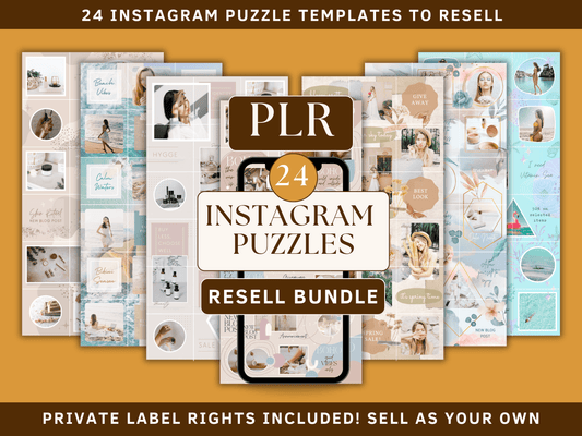 PLR Instagram puzzle templates editable in Canva with included private label rights for resell. Phone mockup and different aesthetic and boho puzzle templates in the background for content creators and business owners.