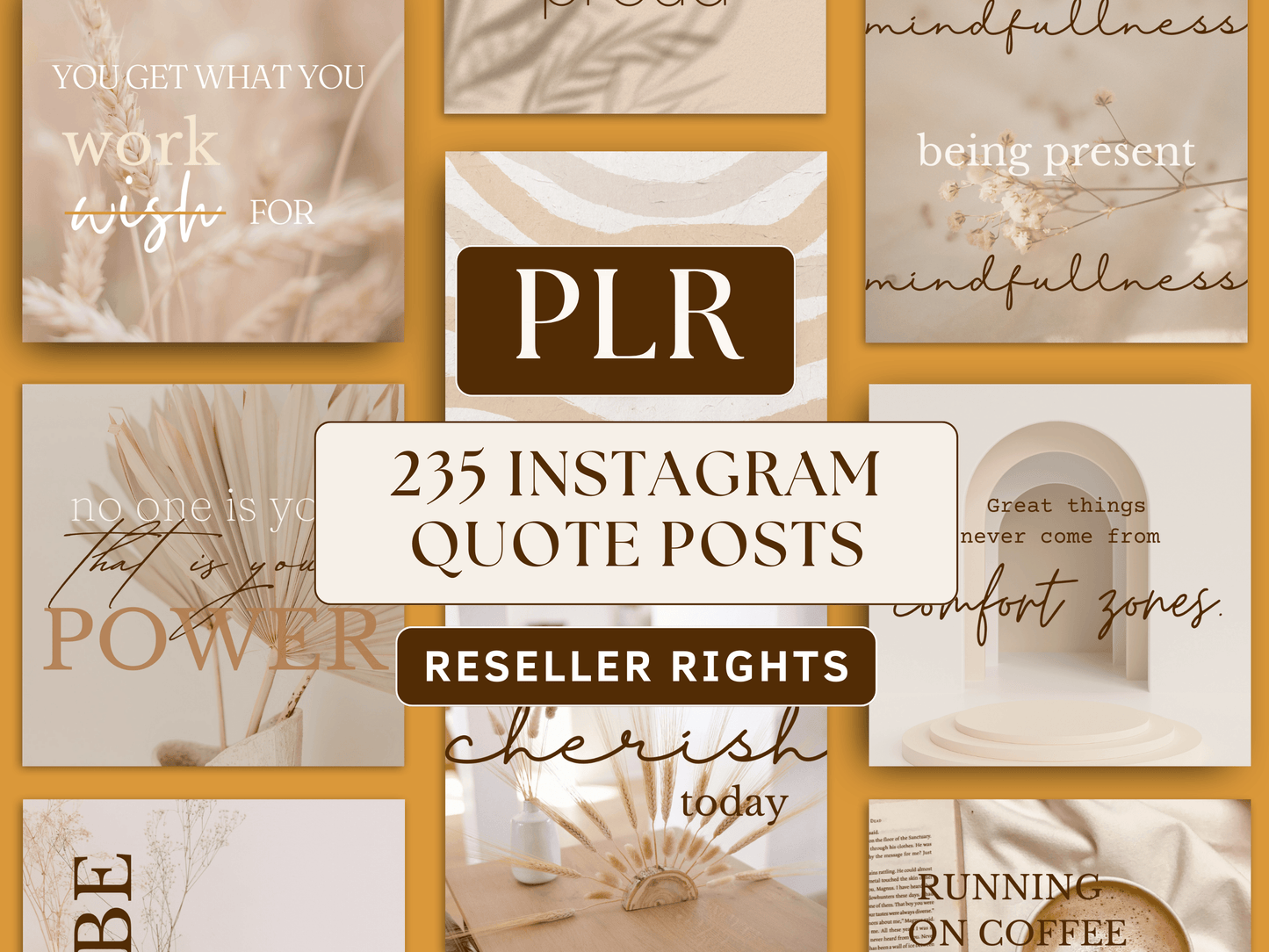 PLR Instagram motivational quote posts for resell with private label rights. Boho and aesthetic motivational quote templates in the background for content creators and business owners. It's editable in Canva.