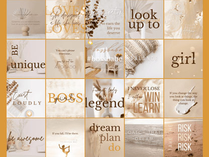 Boho and aesthetic motivational Instagram post quotes templates with aesthetic font which say e.g. "#bossbabe", "exist loudly", "dream, plan, do" and much more for your business. It's editable in Canva.