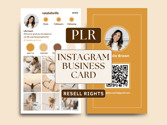PLR Instagram business card with QR code editable in Canva for resell with private label rights. You can see an aesthetic Instagram feed and a boho business card template with QR code in the background.