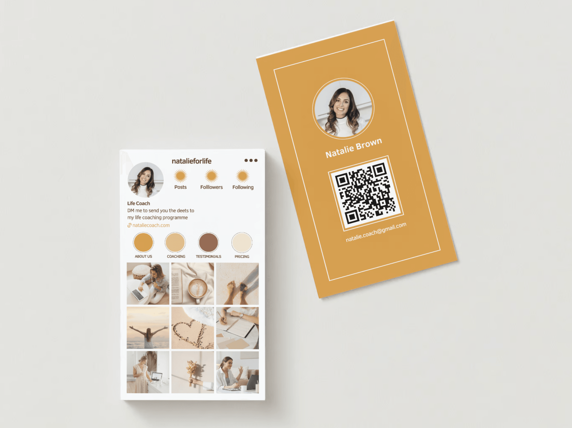 You can see an aesthetic and boho Instagram feed template and business card with QR code template for business owners and content creators. It's editable in Canva.