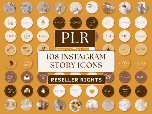 PLR Instagram highlight templates editable in Canva for resell with private label rights. Boho and aesthetic Instagram story icon templates in the background for business owners and content creators.