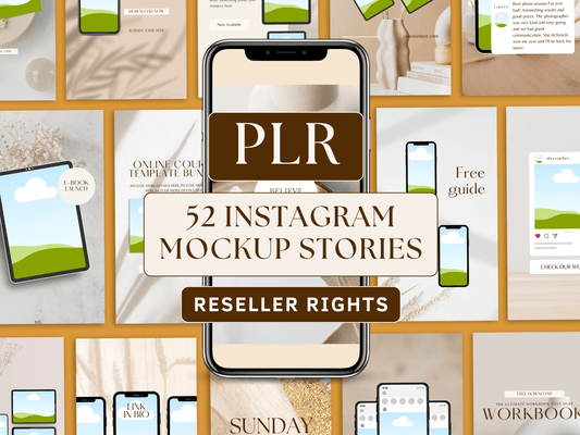 PLR instagram mockup stories editable in Canva for resell with private label rights. Phone mockup for content creators and business owners with aesthetic font and boho style instagram mockup stories templates in the background.