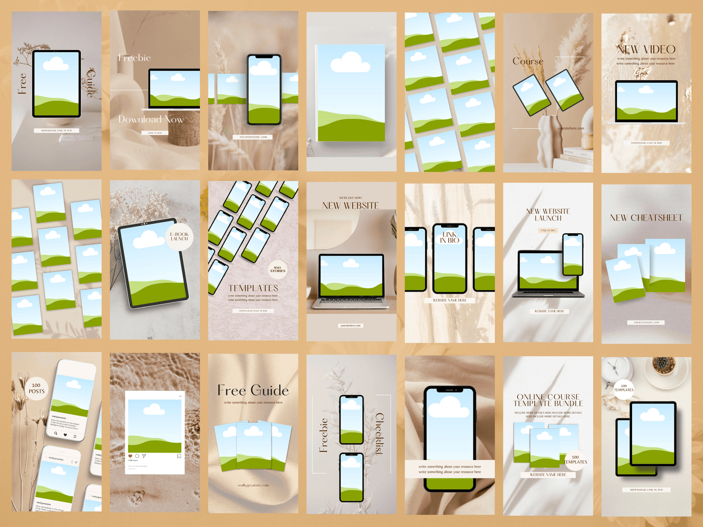 Instagram mockup stories templates. You can see different electronic devices mockups, aesthetic font and boho elements. It's editable in Canva. 