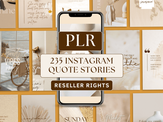 PLR Instagram motivational quote story templates editable in Canva for resell with private label rights. Phone mockup and different aesthetic and boho quote stories templates in the background for content creators and business owners.