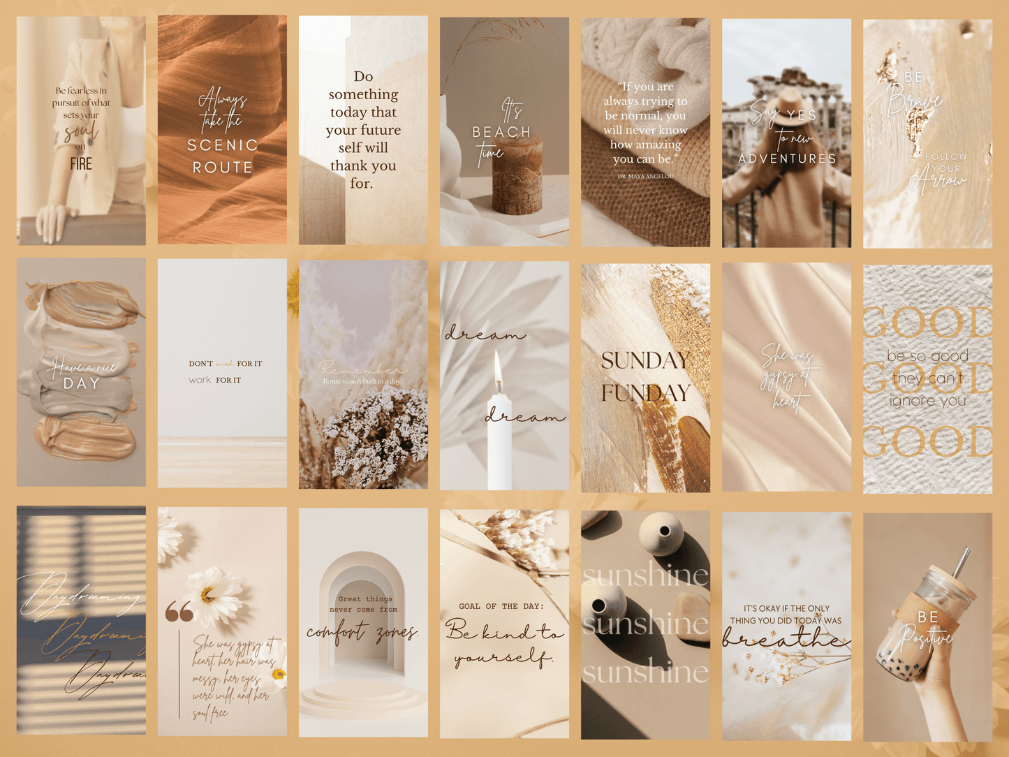 Instagram motivational quote stories templates with aesthetic font and boho style and colors perfect for content creators and business owners. It's all editable in Canva.