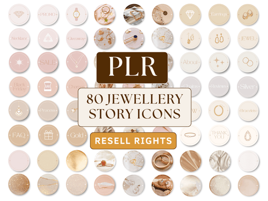 PLR Instagram jewellery story icons editable in Canva for resell with private label rights. Jewellery icon templates with aesthetic font and boho elements in the background for content creators and business owners.
