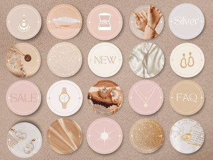 Instagram jewellery story icon templates with aesthetic font, boho elements and different boho colors for content creators and business owners. It's editable in Canva.