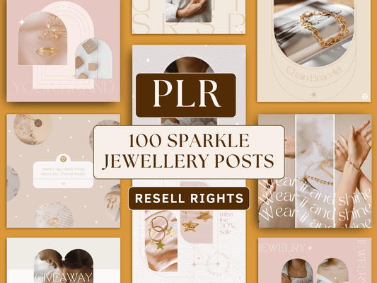 PLR Instagram sparkle jewellery post templates editable in Canva with included private label rights. You can see different boho and aesthetic jewellery post templates in the background for content creators and business owners.