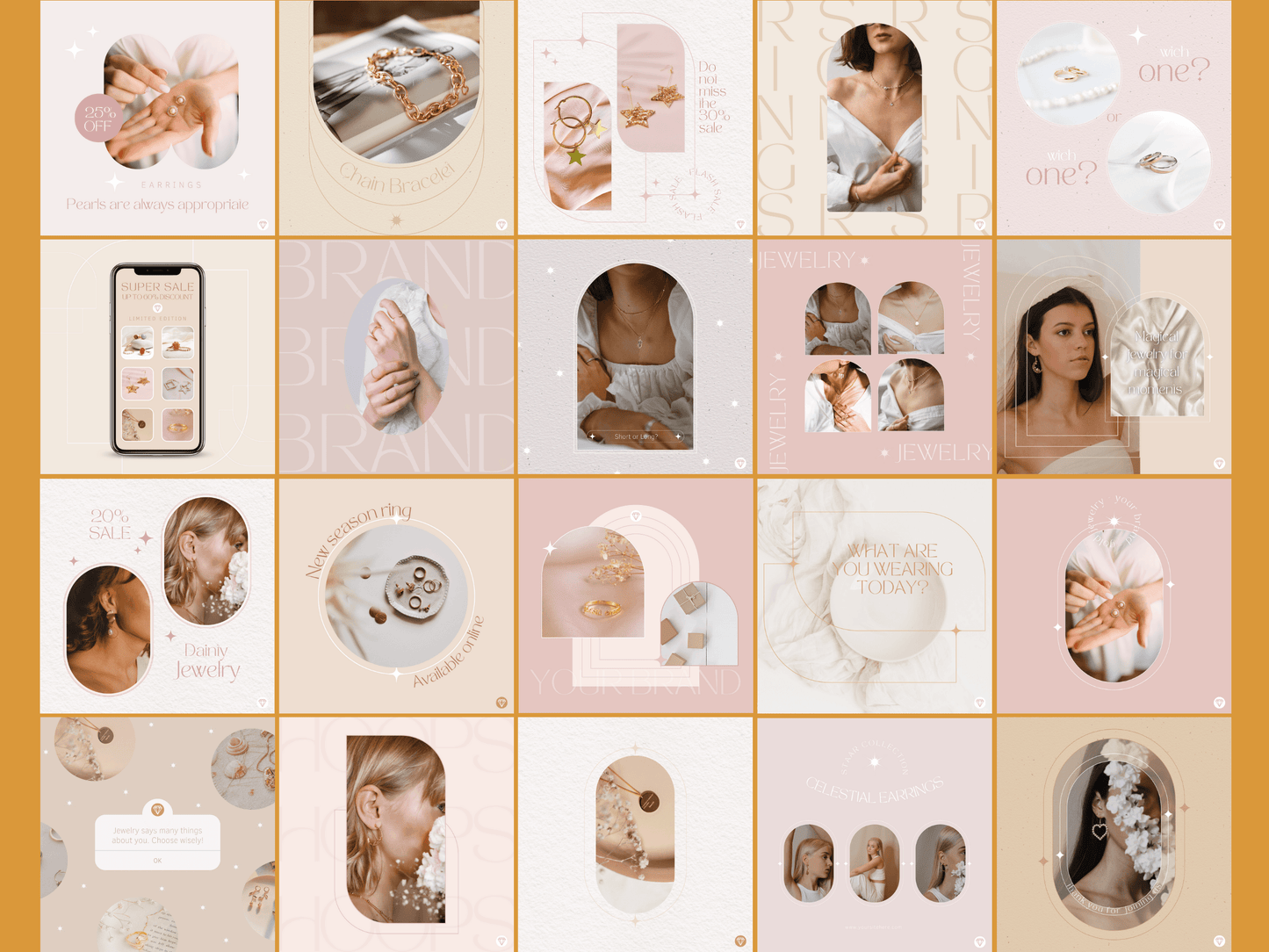 Instagram sparkle jewellery post templates with aesthetic font and boho elements. You can also see women wearing beautiful jewellery. Perfect for your business. It's all editable in Canva.