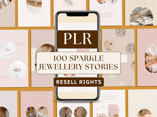 PLR Instagram sparkle jewellery Stories editable in Canva for resell with private label rights. Phone mockup and different boho and aesthetic jewellery Story templates in the background for content creators and business owners. 
