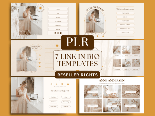 PLR link in Bio landing page templates editable in Canva for resell with private label rights. Different boho and aesthetic Link in Bio templates with aesthetic font and different styles in the background for content creators and business owners.