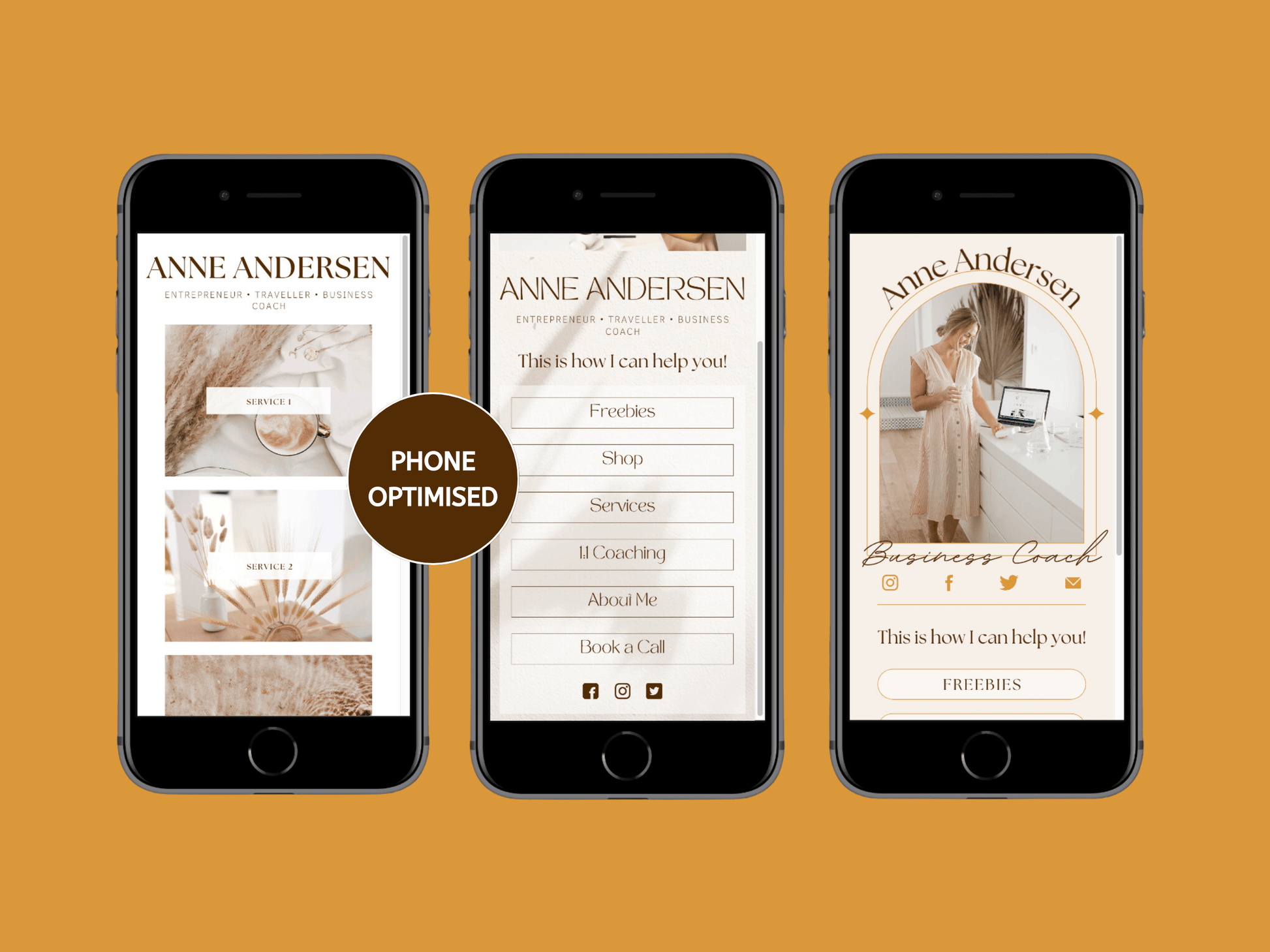 Phone mockups with different aesthetic and boho Link in Bio landing page templates for your business. It is phone optimised and editable in Canva.