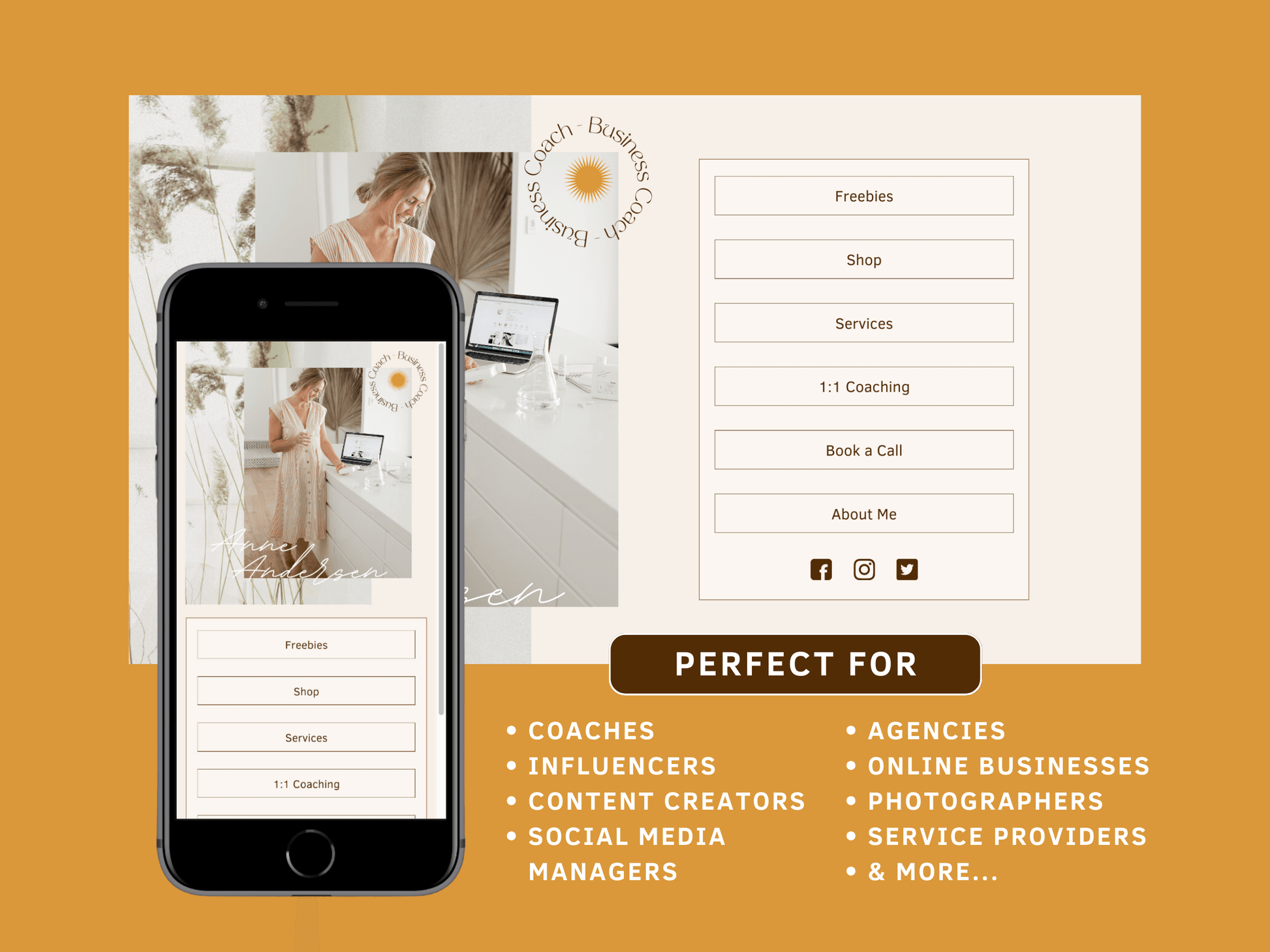 Phone mockup with an aesthetic and boho link in Bio landing page template for your business. It's perfect for coaches, influencers, content creators, social media managers, agencies and much more! It's editable in Canva.