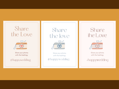 Boho and aesthetic minimalist wedding sign templates which say: "Share the Love; share your photos with this hashtag: #happywedding". It's editable in Canva.