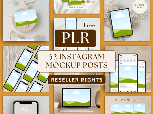 PLR instagram mockup posts editable in Canva for resell with private label rights. You can see boho style instagram mockup posts templates in the background with electronic devices mockups for business owners and content creators. 